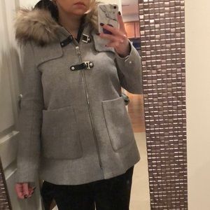 Gray wool coat with fur trim